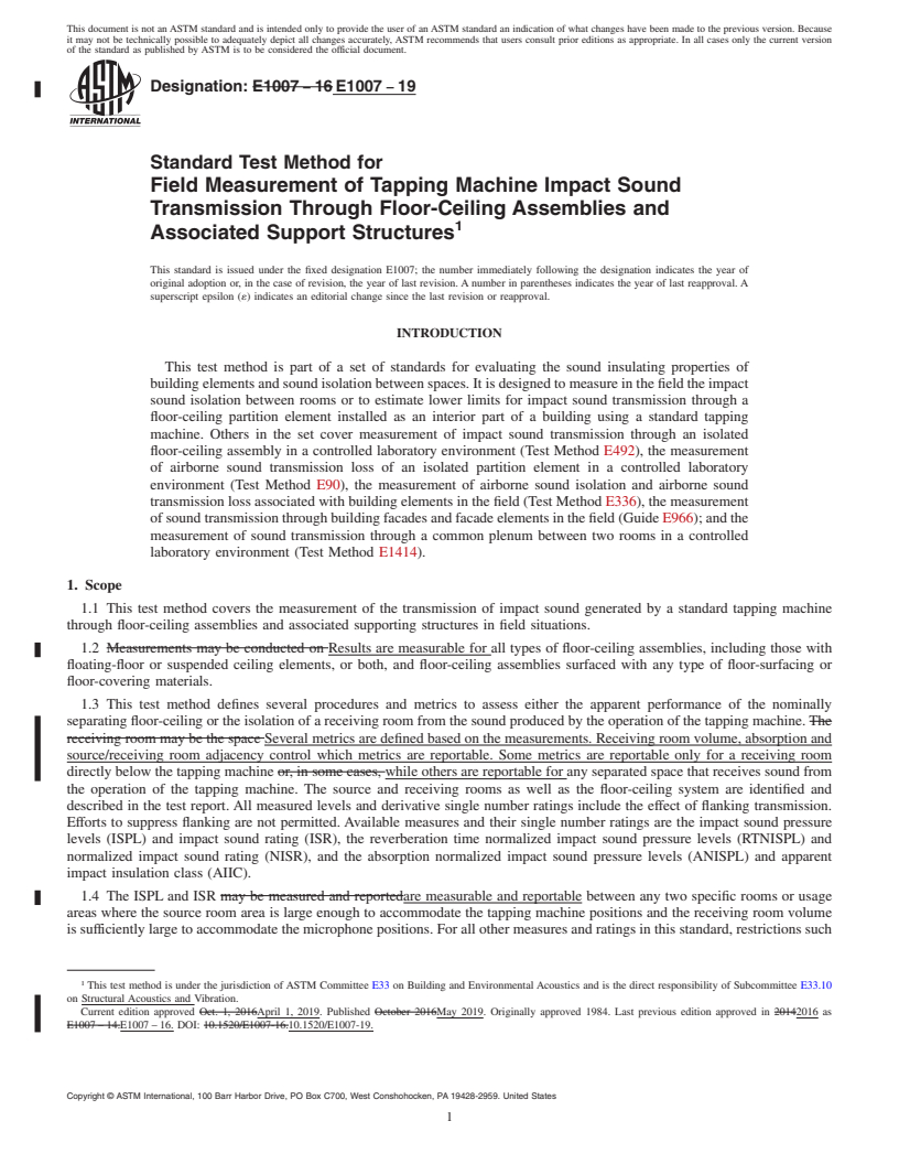 REDLINE ASTM E1007-19 - Standard Test Method for  Field Measurement of Tapping Machine Impact Sound Transmission  Through Floor-Ceiling Assemblies and Associated Support Structures