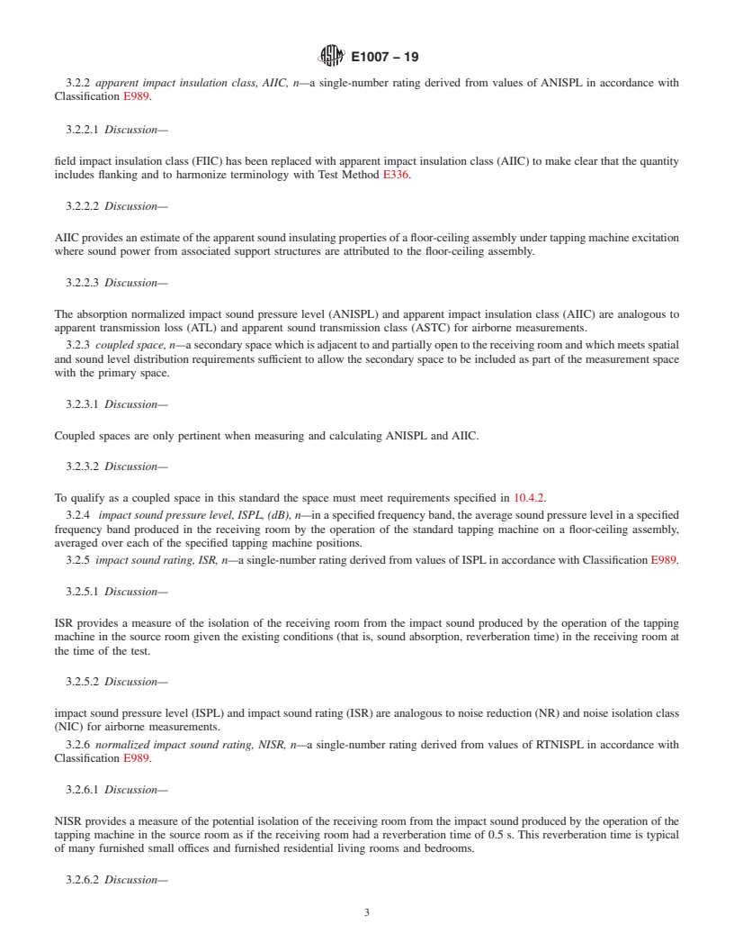 REDLINE ASTM E1007-19 - Standard Test Method for  Field Measurement of Tapping Machine Impact Sound Transmission  Through Floor-Ceiling Assemblies and Associated Support Structures