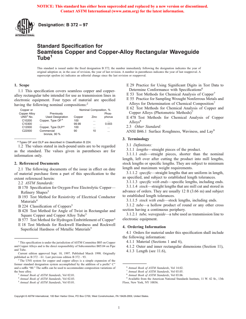 ASTM B372-97 - Standard Specification for Seamless Copper and Copper-Alloy Rectangular Waveguide Tube
