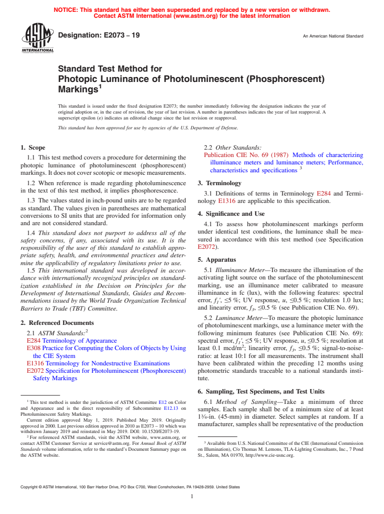 ASTM E2073-19 - Standard Test Method for  Photopic Luminance of Photoluminescent (Phosphorescent) Markings