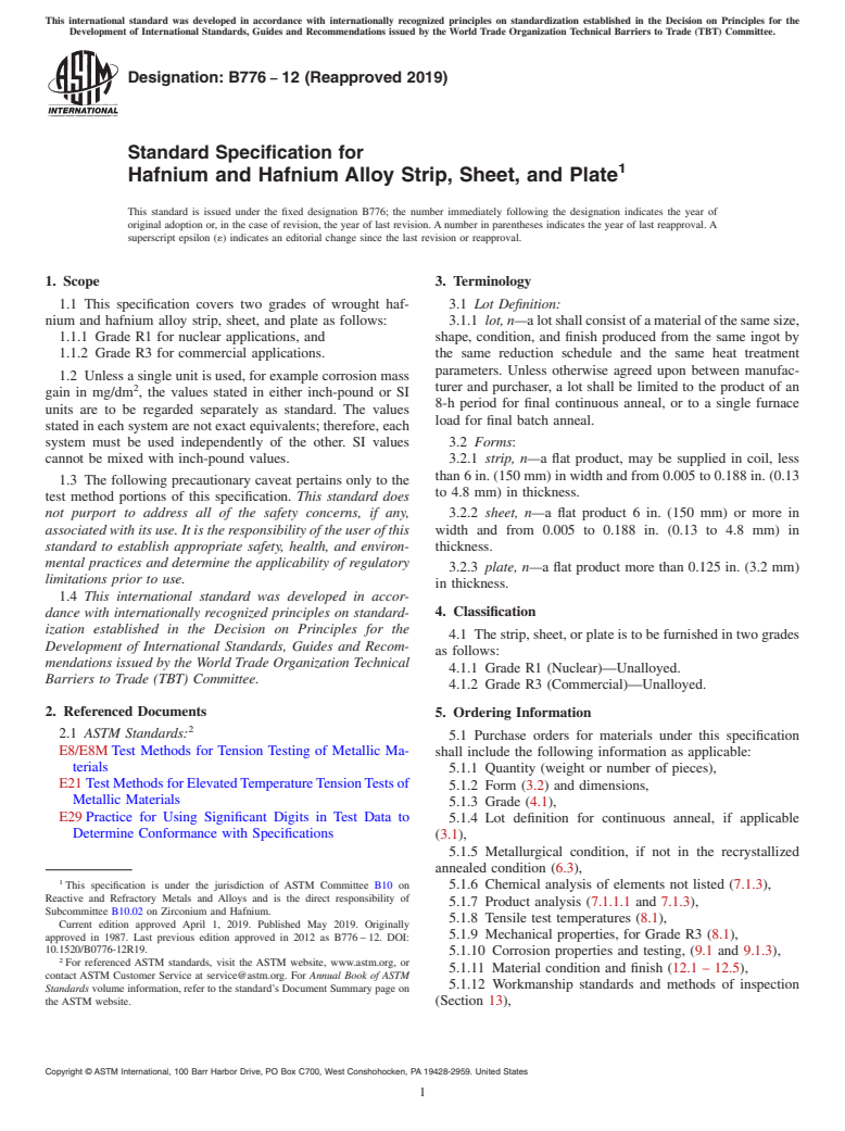 ASTM B776-12(2019) - Standard Specification for Hafnium and Hafnium Alloy Strip, Sheet, and Plate