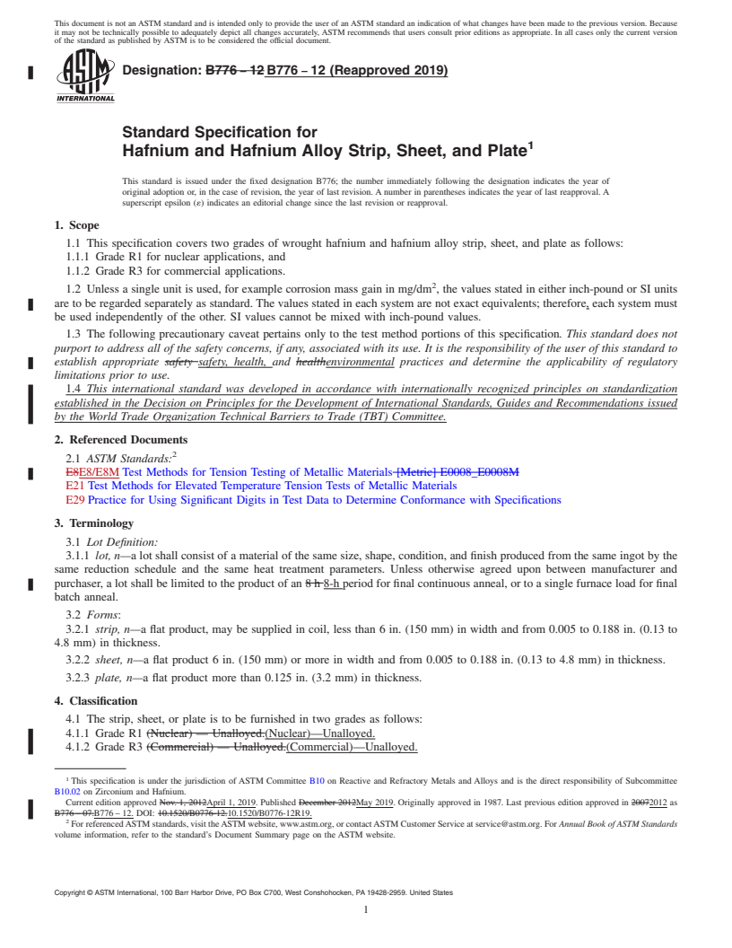 REDLINE ASTM B776-12(2019) - Standard Specification for Hafnium and Hafnium Alloy Strip, Sheet, and Plate