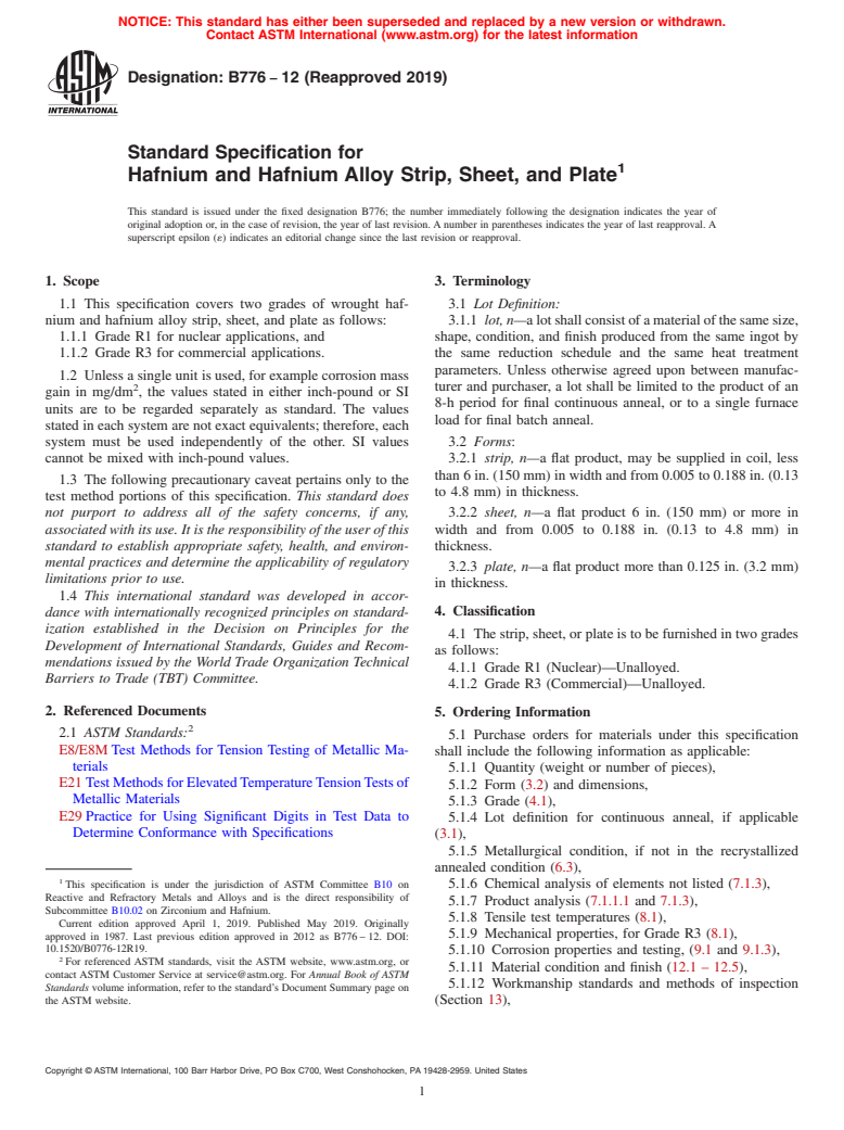 ASTM B776-12(2019) - Standard Specification for Hafnium and Hafnium Alloy Strip, Sheet, and Plate