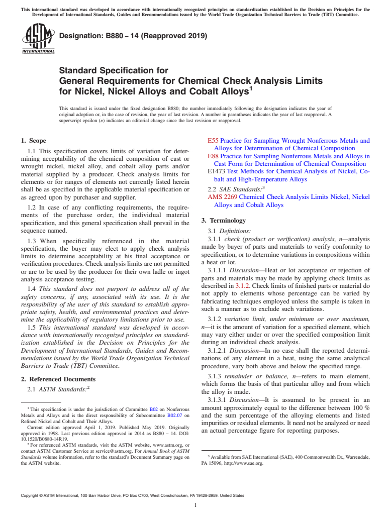 ASTM B880-14(2019) - Standard Specification for General Requirements for Chemical Check Analysis Limits for  Nickel,    Nickel Alloys and Cobalt Alloys