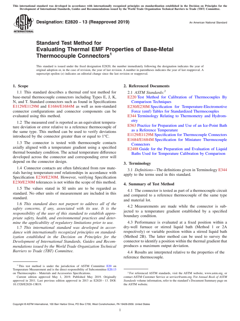 ASTM E2820-13(2019) - Standard Test Method for  Evaluating Thermal EMF Properties of Base-Metal Thermocouple   Connectors