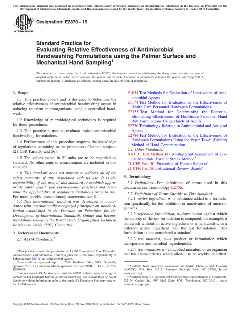 ASTM E2870-19 - Standard Practice for Evaluating Relative Effectiveness of Antimicrobial Handwashing  Formulations using the Palmar Surface and Mechanical Hand Sampling