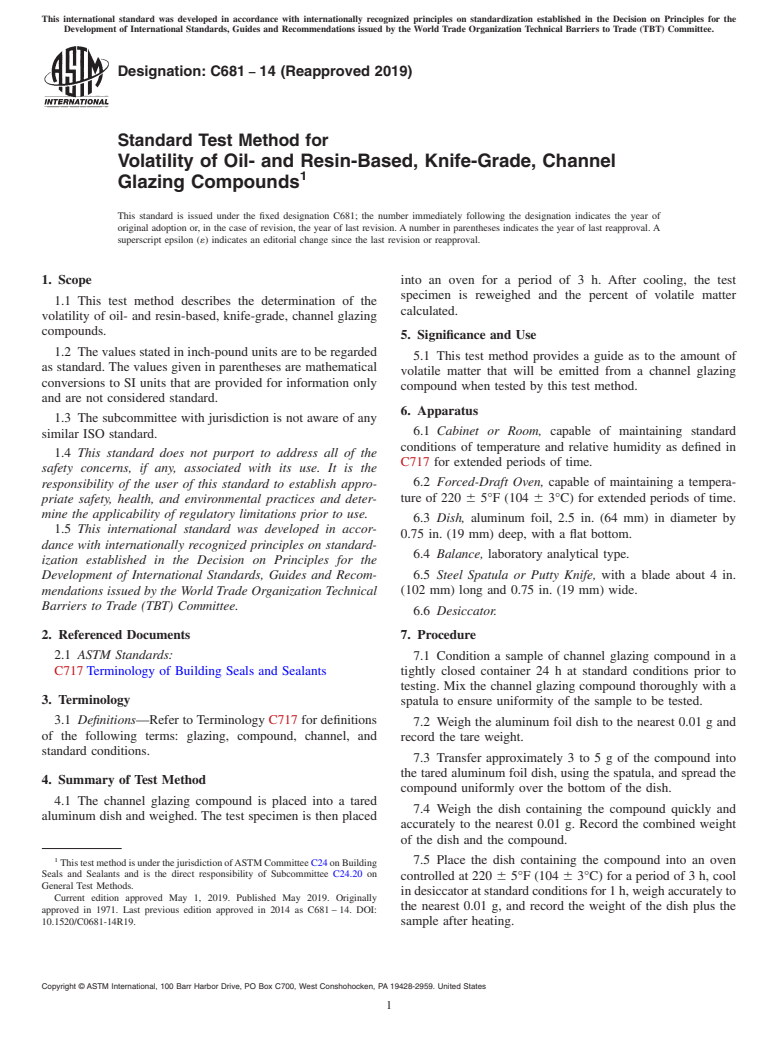 ASTM C681-14(2019) - Standard Test Method for  Volatility of Oil- and Resin-Based, Knife-Grade, Channel Glazing  Compounds
