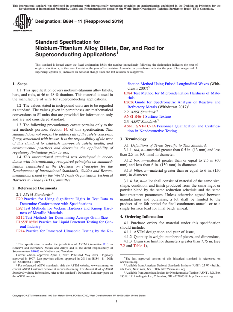 ASTM B884-11(2019) - Standard Specification for  Niobium-Titanium Alloy Billets, Bar, and Rod for Superconducting  Applications