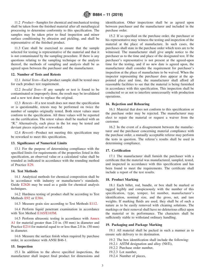 ASTM B884-11(2019) - Standard Specification for  Niobium-Titanium Alloy Billets, Bar, and Rod for Superconducting  Applications