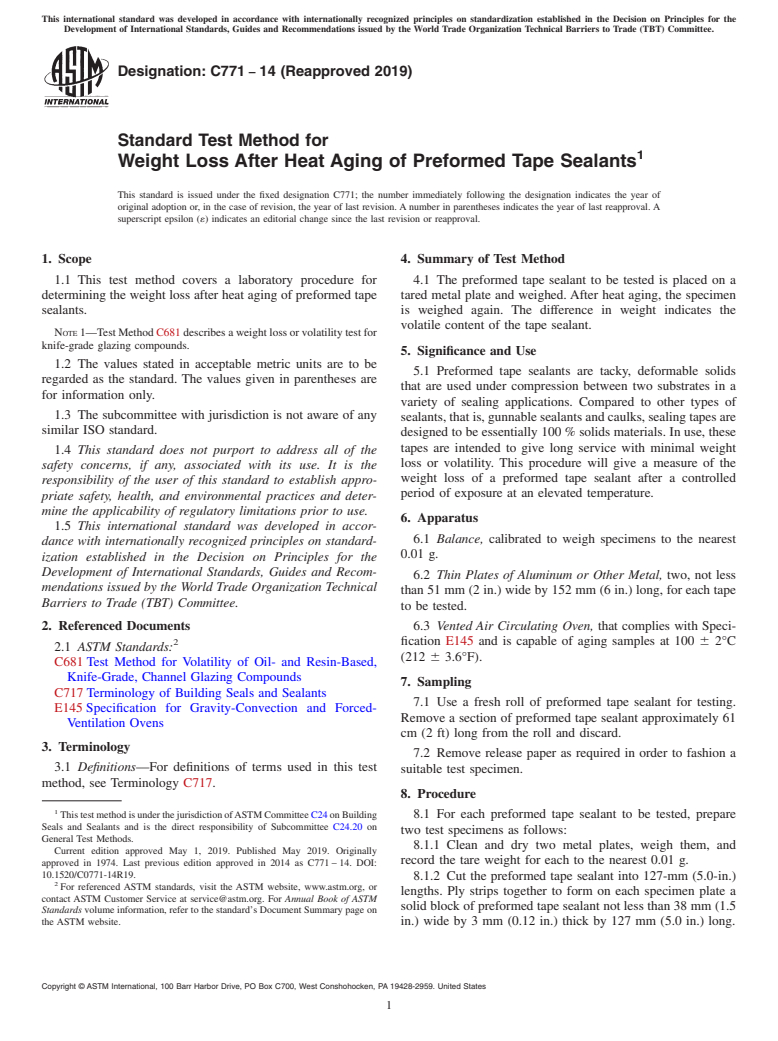 ASTM C771-14(2019) - Standard Test Method for  Weight Loss After Heat Aging of Preformed Tape Sealants