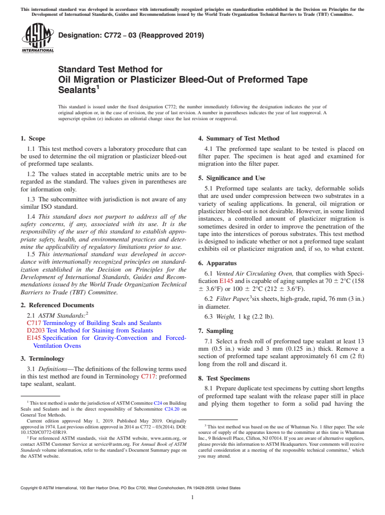 ASTM C772-03(2019) - Standard Test Method for  Oil Migration or Plasticizer Bleed-Out of Preformed Tape Sealants