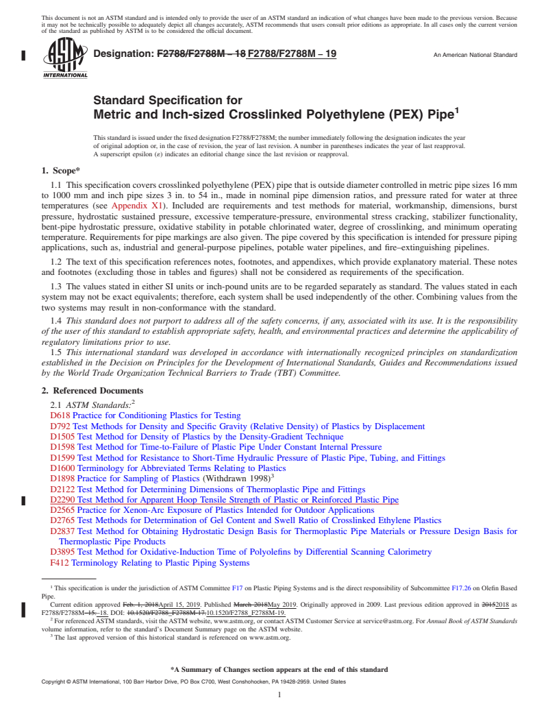 REDLINE ASTM F2788/F2788M-19 - Standard Specification for  Metric and Inch-sized Crosslinked Polyethylene (PEX) Pipe