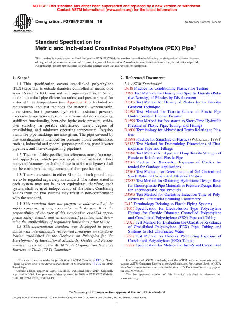 ASTM F2788/F2788M-19 - Standard Specification for  Metric and Inch-sized Crosslinked Polyethylene (PEX) Pipe