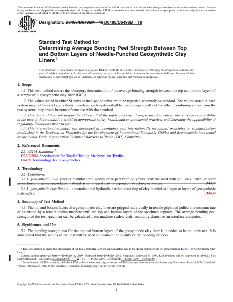 REDLINE ASTM D6496/D6496M-19 - Standard Test Method for Determining Average Bonding Peel Strength Between Top and Bottom  Layers of Needle-Punched Geosynthetic Clay Liners