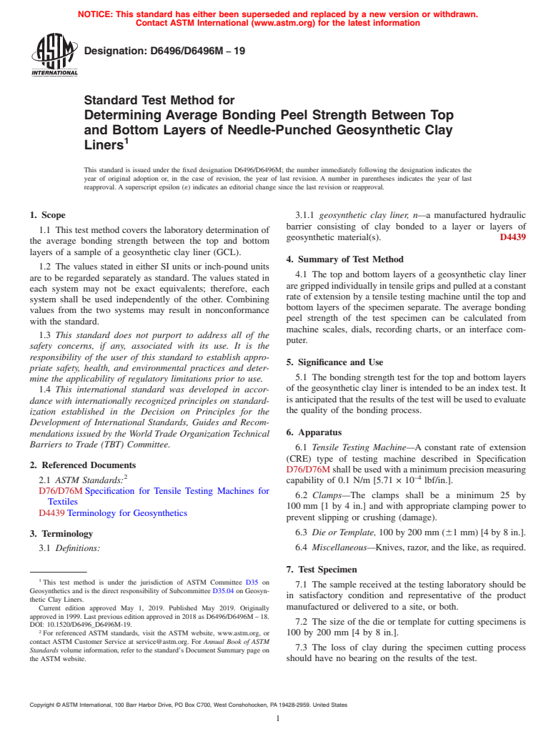 ASTM D6496/D6496M-19 - Standard Test Method for Determining Average Bonding Peel Strength Between Top and Bottom  Layers of Needle-Punched Geosynthetic Clay Liners