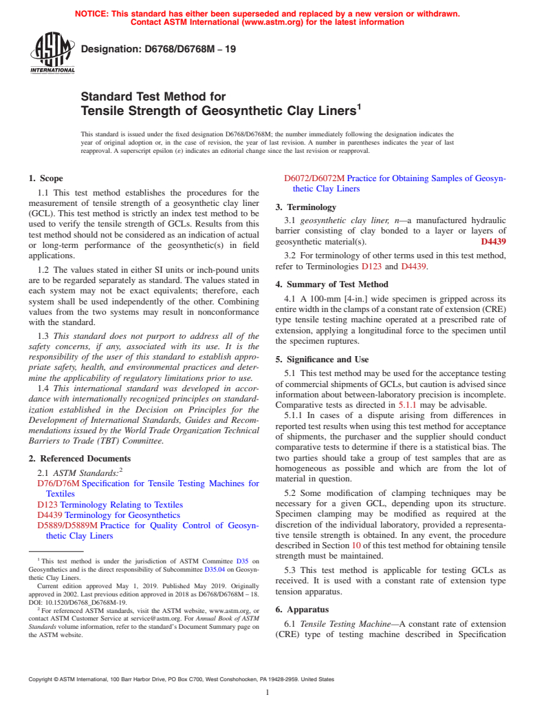 ASTM D6768/D6768M-19 - Standard Test Method for Tensile Strength of Geosynthetic Clay Liners