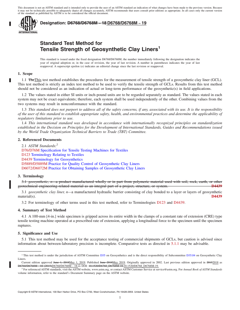 REDLINE ASTM D6768/D6768M-19 - Standard Test Method for Tensile Strength of Geosynthetic Clay Liners