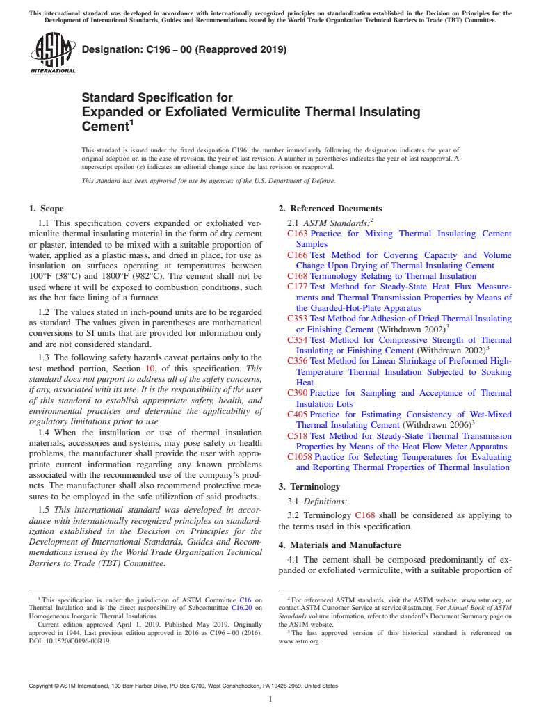 ASTM C196-00(2019) - Standard Specification for Expanded or Exfoliated Vermiculite Thermal Insulating Cement