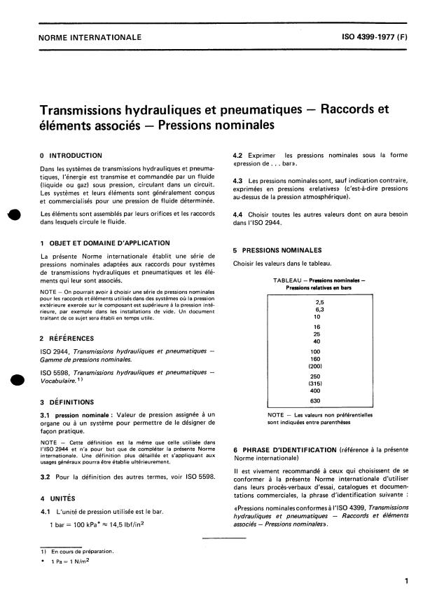 ISO 4399:1977 - Transmissions hydrauliques et pneumatiques -- Raccords et éléments associés -- Pressions nominales
