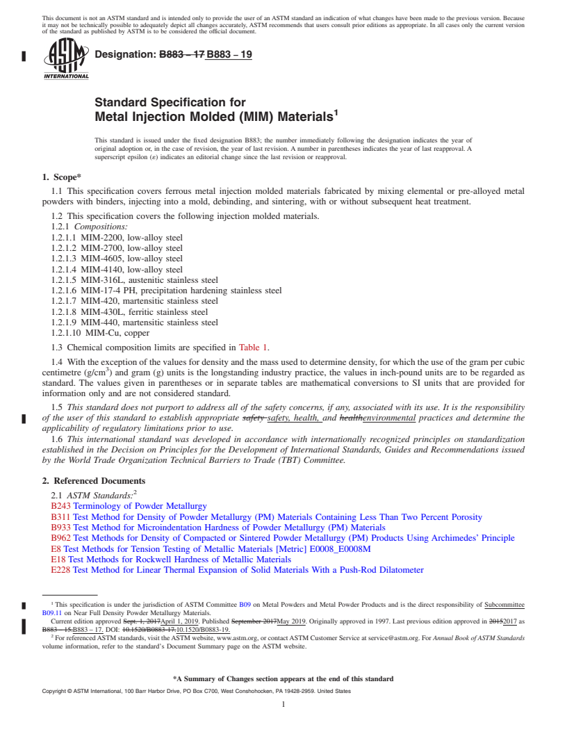 REDLINE ASTM B883-19 - Standard Specification for  Metal Injection Molded (MIM) Materials