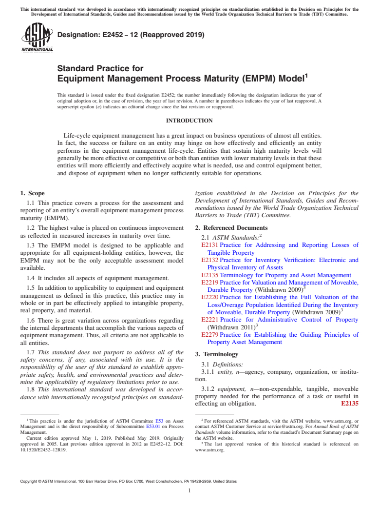 ASTM E2452-12(2019) - Standard Practice for Equipment Management Process Maturity (EMPM) Model