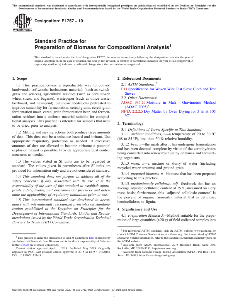 ASTM E1757-19 - Standard Practice for  Preparation of Biomass for Compositional Analysis