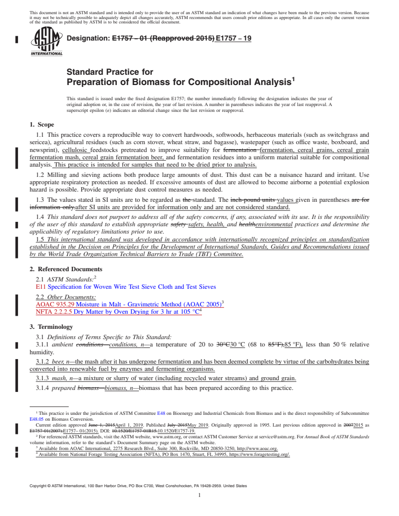 REDLINE ASTM E1757-19 - Standard Practice for  Preparation of Biomass for Compositional Analysis