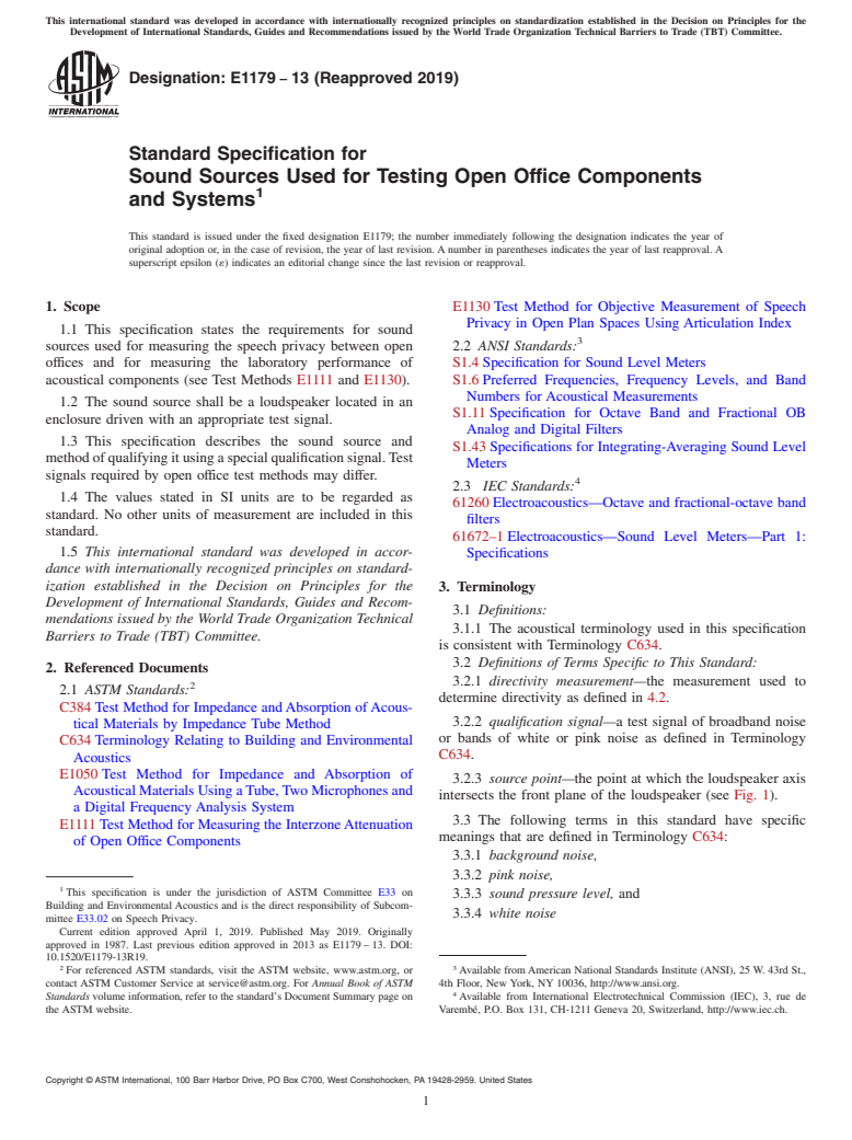 ASTM E1179-13(2019) - Standard Specification for  Sound Sources Used for Testing Open Office Components and Systems