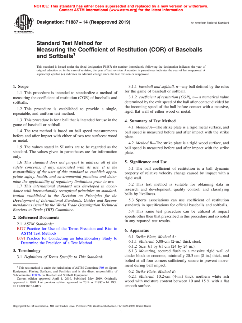 ASTM F1887-14(2019) - Standard Test Method for  Measuring the Coefficient of Restitution (COR) of Baseballs  and Softballs