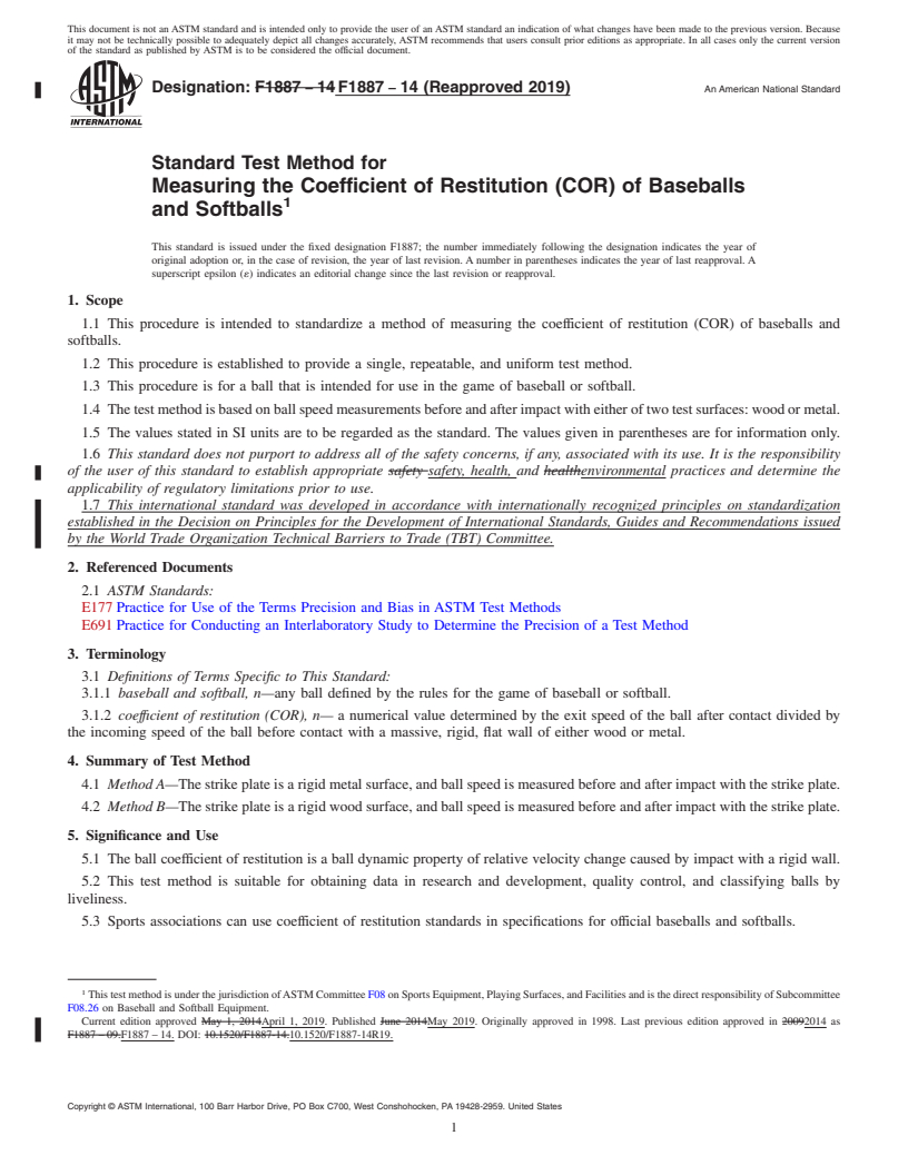 REDLINE ASTM F1887-14(2019) - Standard Test Method for  Measuring the Coefficient of Restitution (COR) of Baseballs  and Softballs