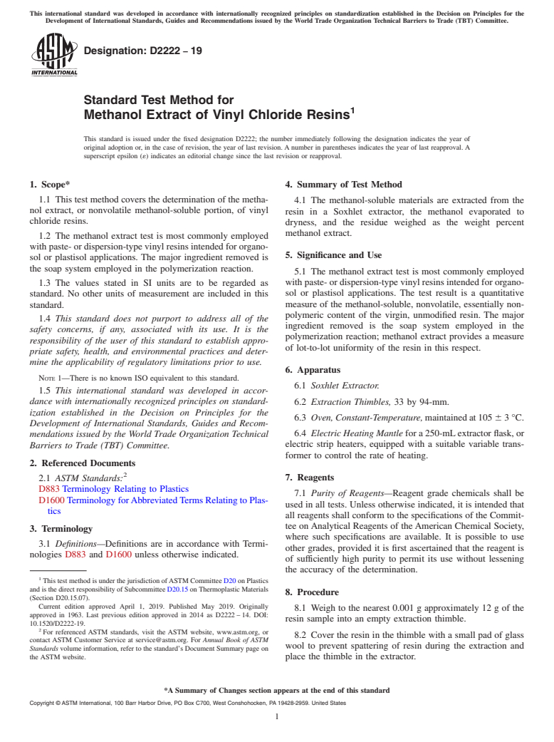 ASTM D2222-19 - Standard Test Method for  Methanol Extract of Vinyl Chloride Resins