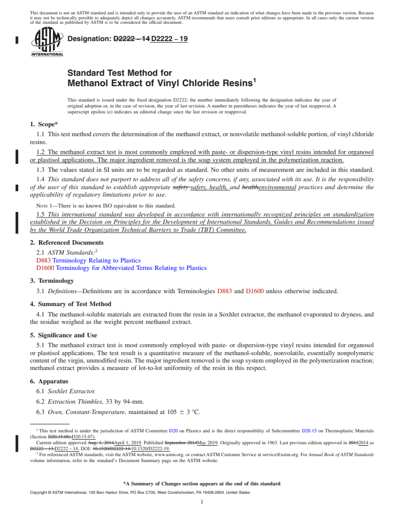 REDLINE ASTM D2222-19 - Standard Test Method for  Methanol Extract of Vinyl Chloride Resins