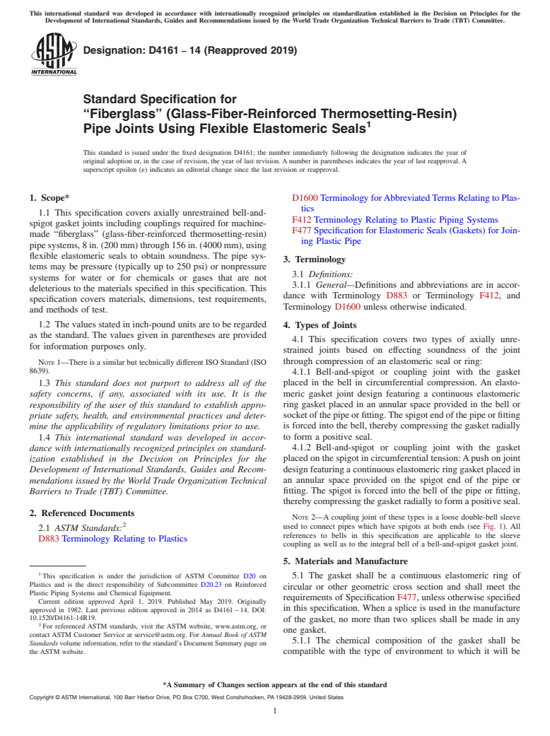 ASTM D4161-14(2019) - Standard Specification for  &#x201c;Fiberglass&#x201d; (Glass-Fiber-Reinforced Thermosetting-Resin)  Pipe Joints Using Flexible Elastomeric Seals