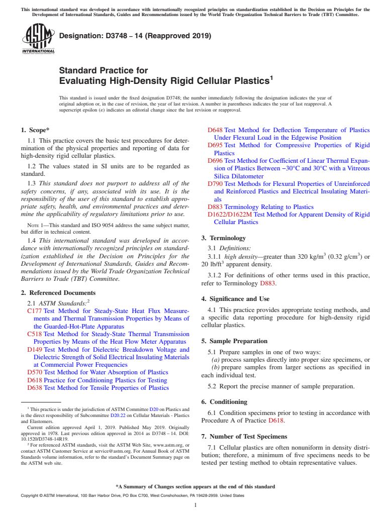 ASTM D3748-14(2019) - Standard Practice for  Evaluating High-Density Rigid Cellular Plastics