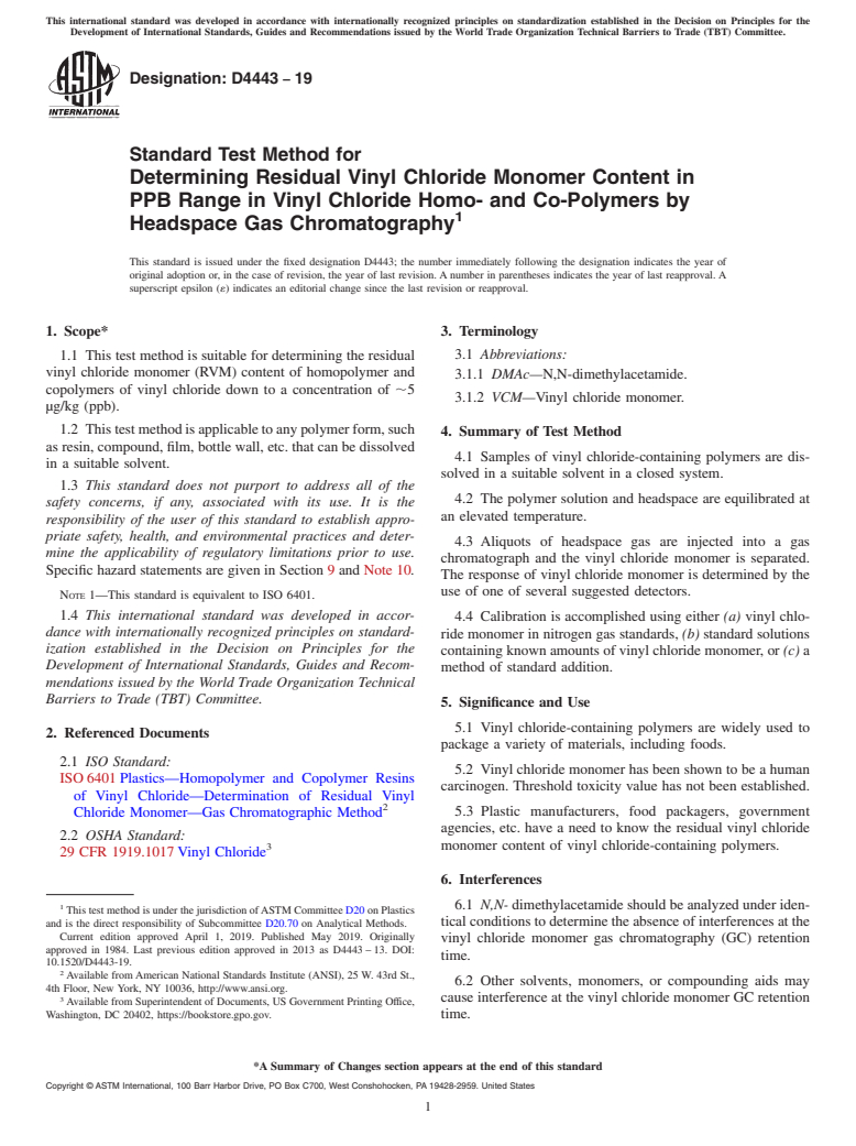 ASTM D4443-19 - Standard Test Method for  Determining Residual Vinyl Chloride Monomer Content in PPB  Range in Vinyl Chloride Homo- and Co-Polymers by Headspace Gas Chromatography