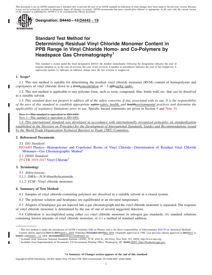 REDLINE ASTM D4443-19 - Standard Test Method for  Determining Residual Vinyl Chloride Monomer Content in PPB  Range in Vinyl Chloride Homo- and Co-Polymers by Headspace Gas Chromatography