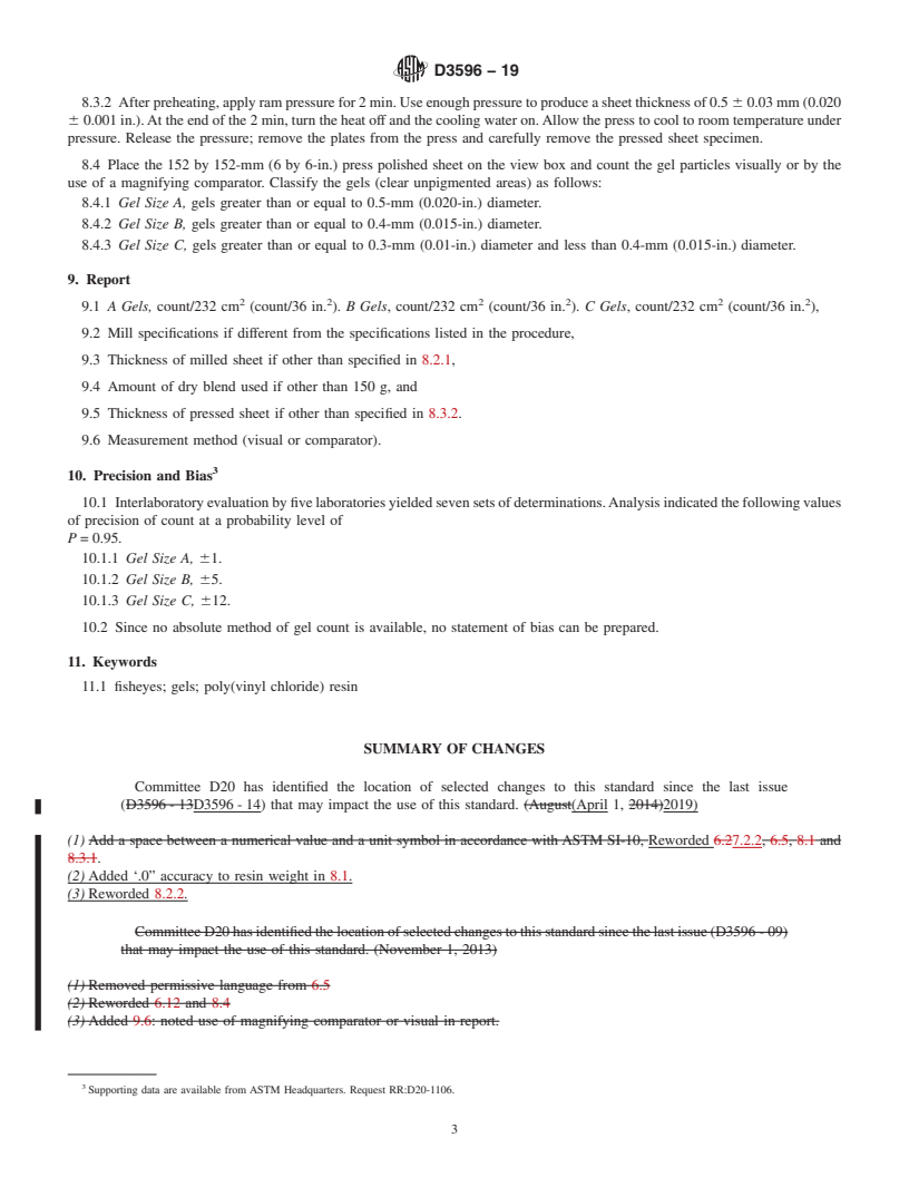 REDLINE ASTM D3596-19 - Standard Practice for  Determination of Gels (Fisheyes) In General-Purpose Poly(Vinyl  Chloride) (PVC) Resins