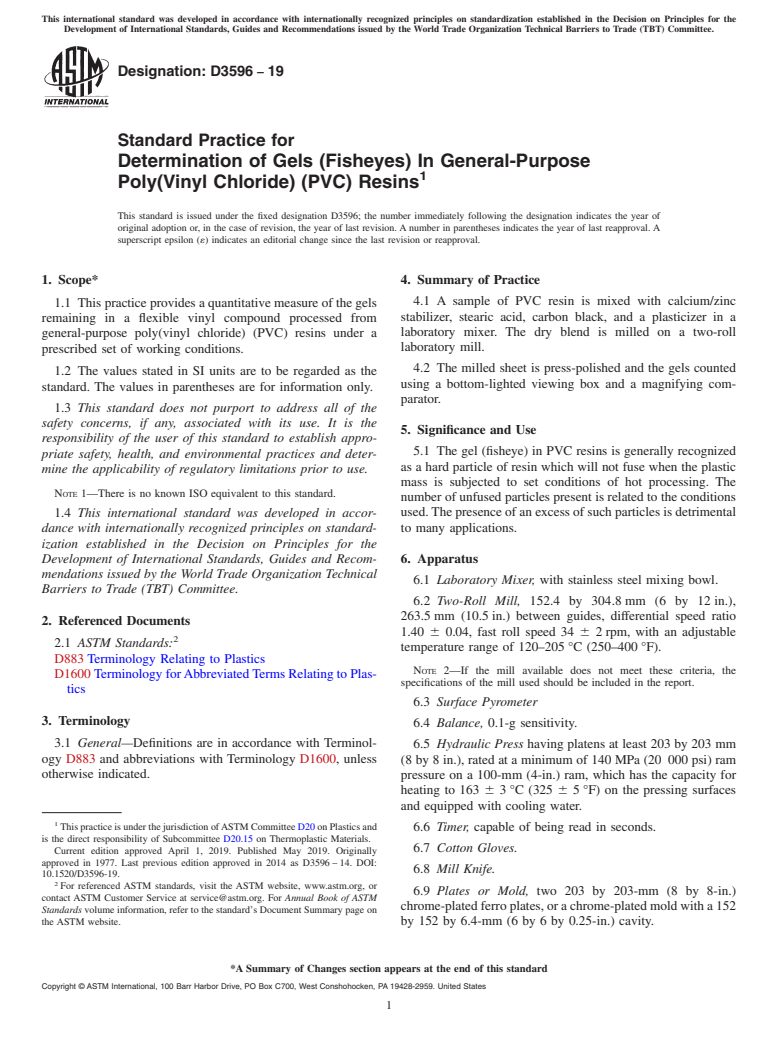 ASTM D3596-19 - Standard Practice for  Determination of Gels (Fisheyes) In General-Purpose Poly(Vinyl  Chloride) (PVC) Resins