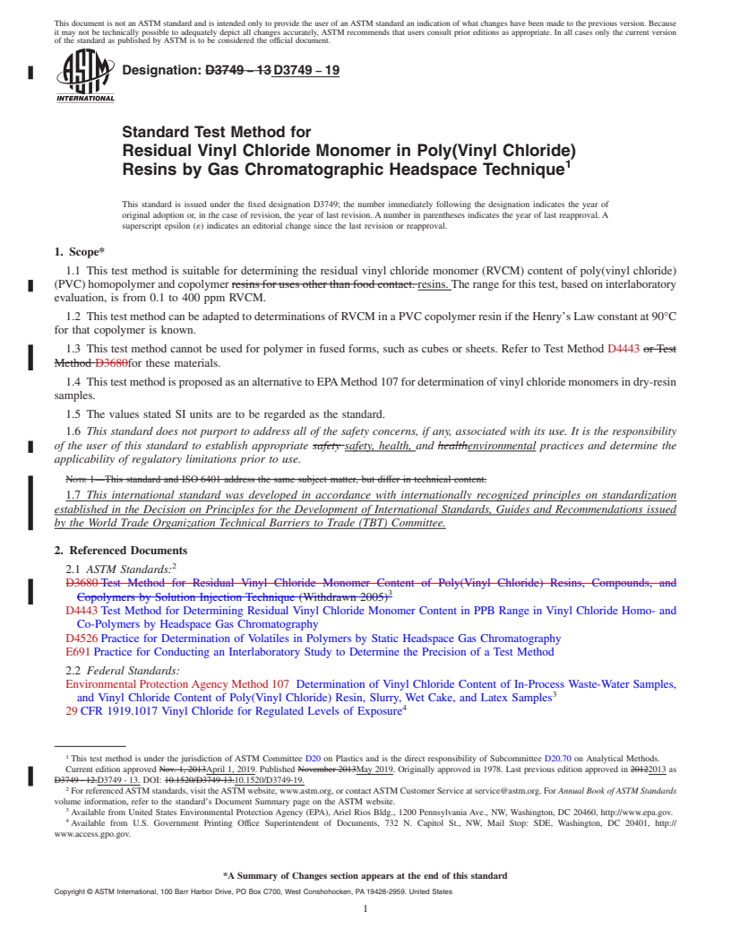 REDLINE ASTM D3749-19 - Standard Test Method for  Residual Vinyl Chloride Monomer in Poly(Vinyl Chloride) Resins  by Gas Chromatographic Headspace Technique