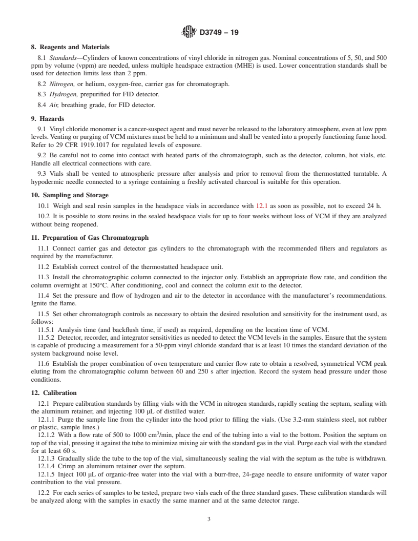 REDLINE ASTM D3749-19 - Standard Test Method for  Residual Vinyl Chloride Monomer in Poly(Vinyl Chloride) Resins  by Gas Chromatographic Headspace Technique