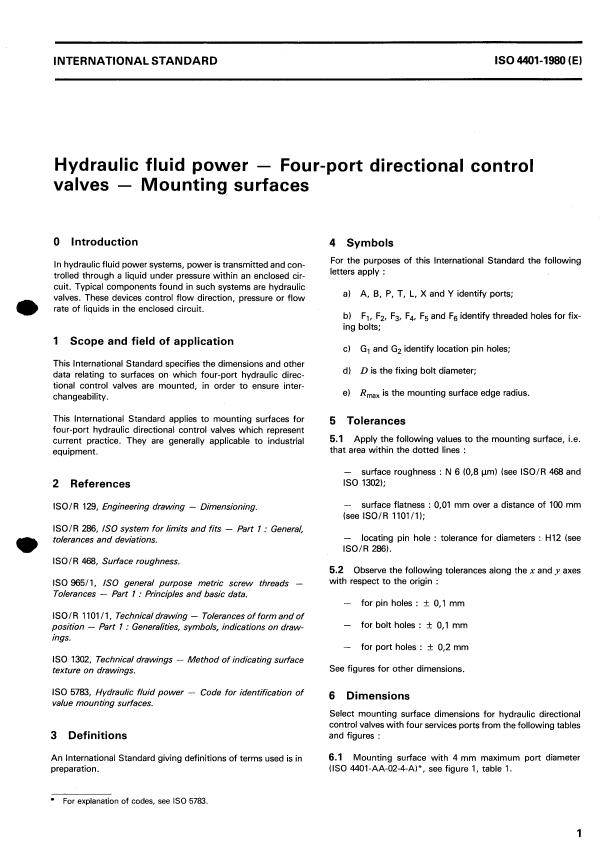 ISO 4401:1980 - Hydraulic fluid power -- Four-port directional control valves -- Mounting surfaces