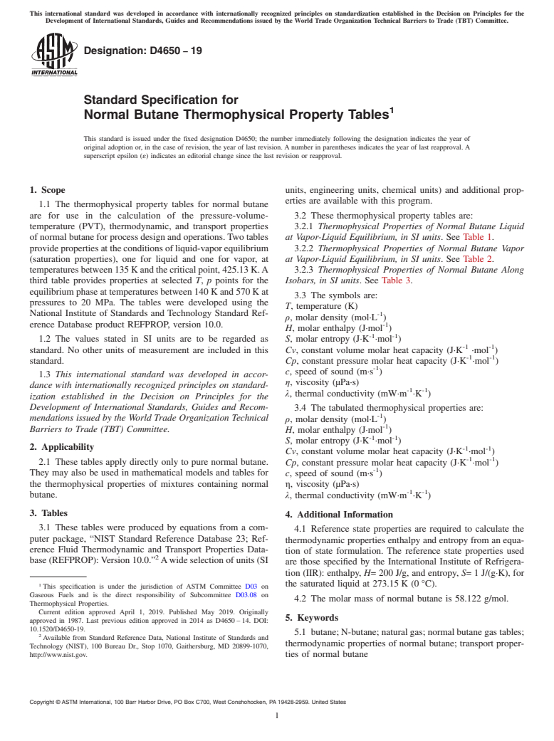 ASTM D4650-19 - Standard Specification for  Normal Butane Thermophysical Property Tables