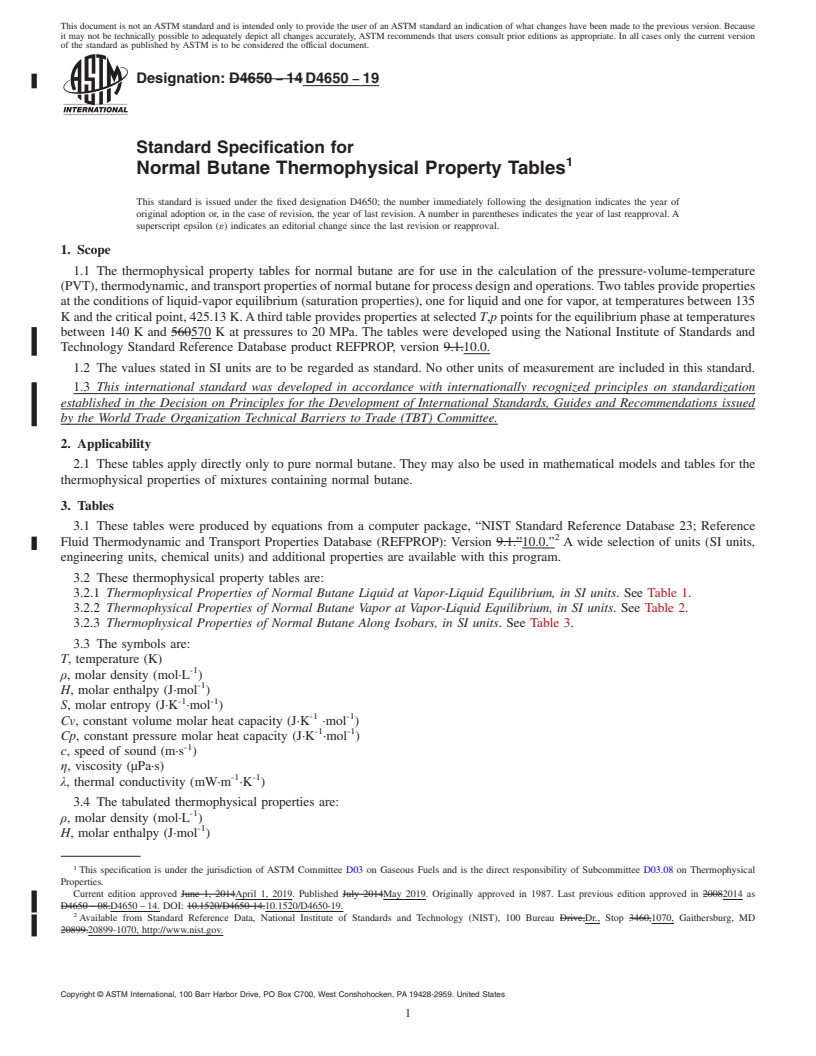 REDLINE ASTM D4650-19 - Standard Specification for  Normal Butane Thermophysical Property Tables