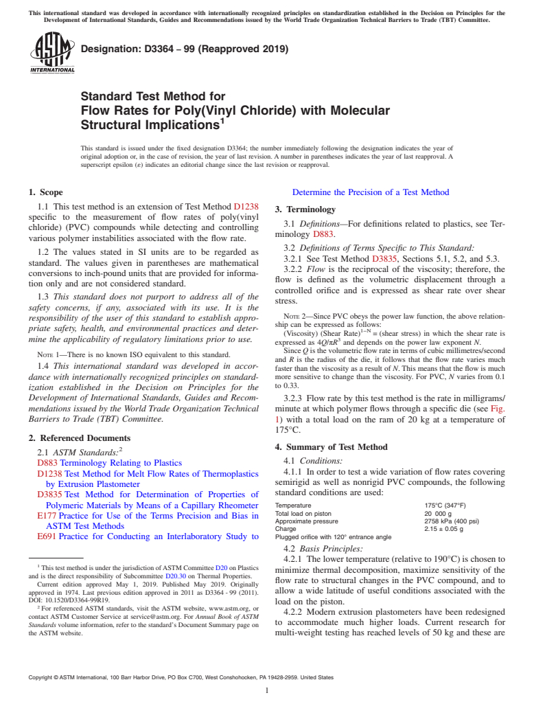 ASTM D3364-99(2019) - Standard Test Method for  Flow Rates for Poly(Vinyl Chloride) with Molecular Structural  Implications