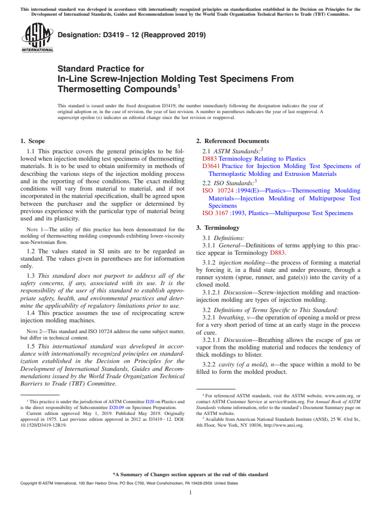 ASTM D3419-12(2019) - Standard Practice for  In-Line Screw-Injection Molding Test Specimens From Thermosetting  Compounds