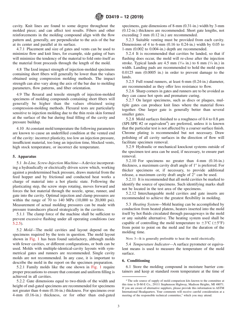 ASTM D3419-12(2019) - Standard Practice for  In-Line Screw-Injection Molding Test Specimens From Thermosetting  Compounds