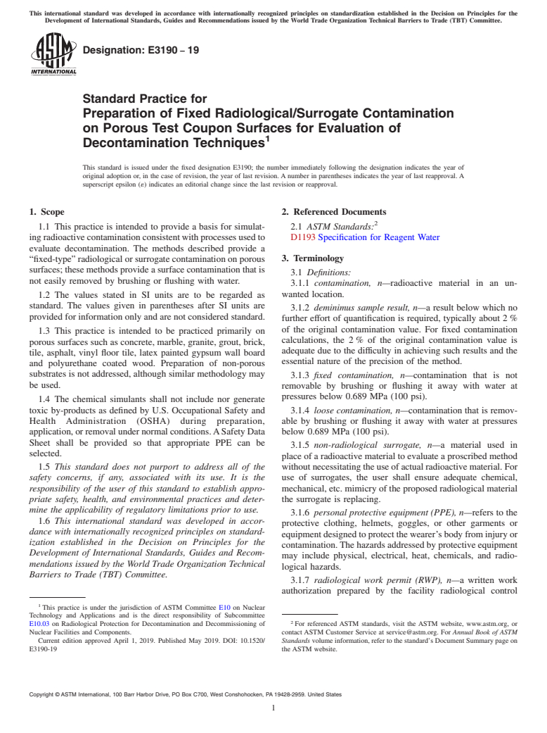 ASTM E3190-19 - Standard Practice for Preparation of Fixed Radiological/Surrogate Contamination on  Porous Test Coupon Surfaces for Evaluation of Decontamination Techniques