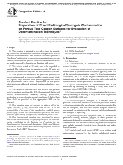 ASTM E3190-19 ASTM E3190-19 - Standard Practice for Preparation of Fixed Radiological/Surrogate Contamination on Porous Test Coupon Surfaces for Evaluation of Decontamination Techniques - Page 1 preview