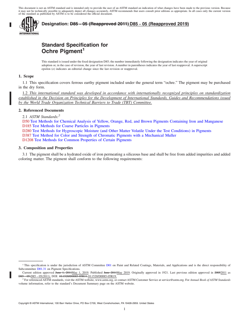 REDLINE ASTM D85-05(2019) - Standard Specification for Ochre Pigment