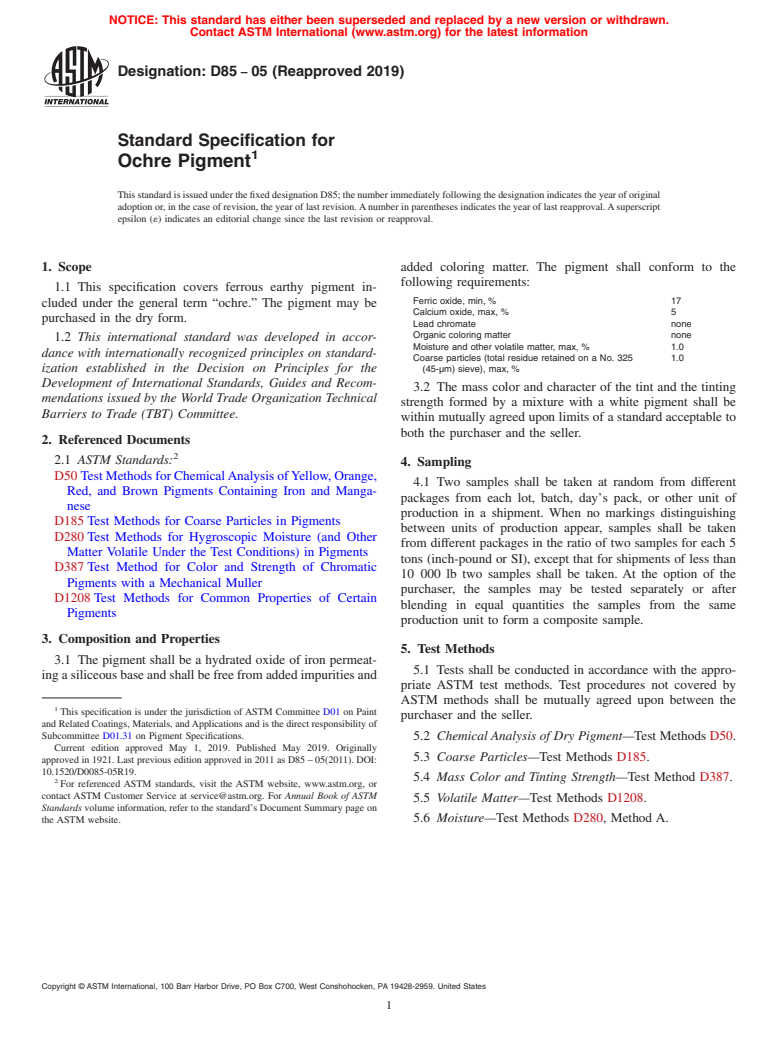 ASTM D85-05(2019) - Standard Specification for Ochre Pigment